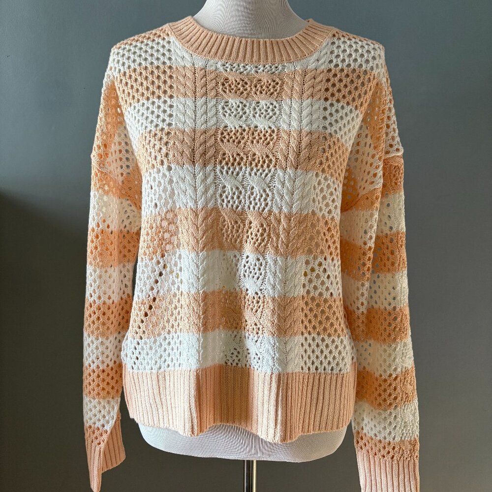 mia & tess Striped Open Cable Knot Crew Sweater - Peach and White